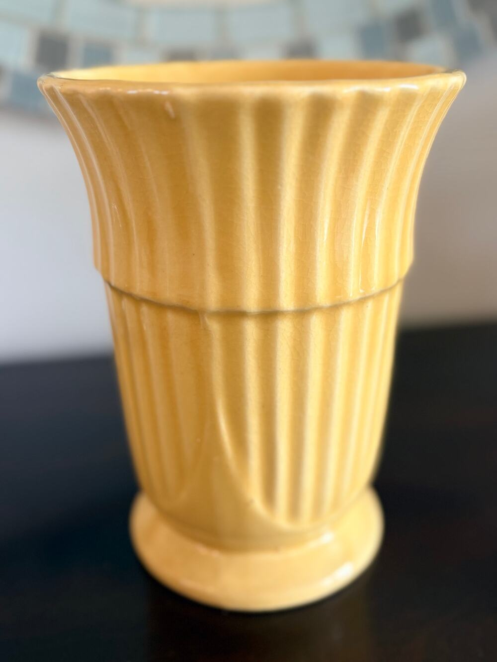 Vtg Yellow USA Pottery Vase Ribbed Fluted Art Deco Mid Century Ceramic Planter
